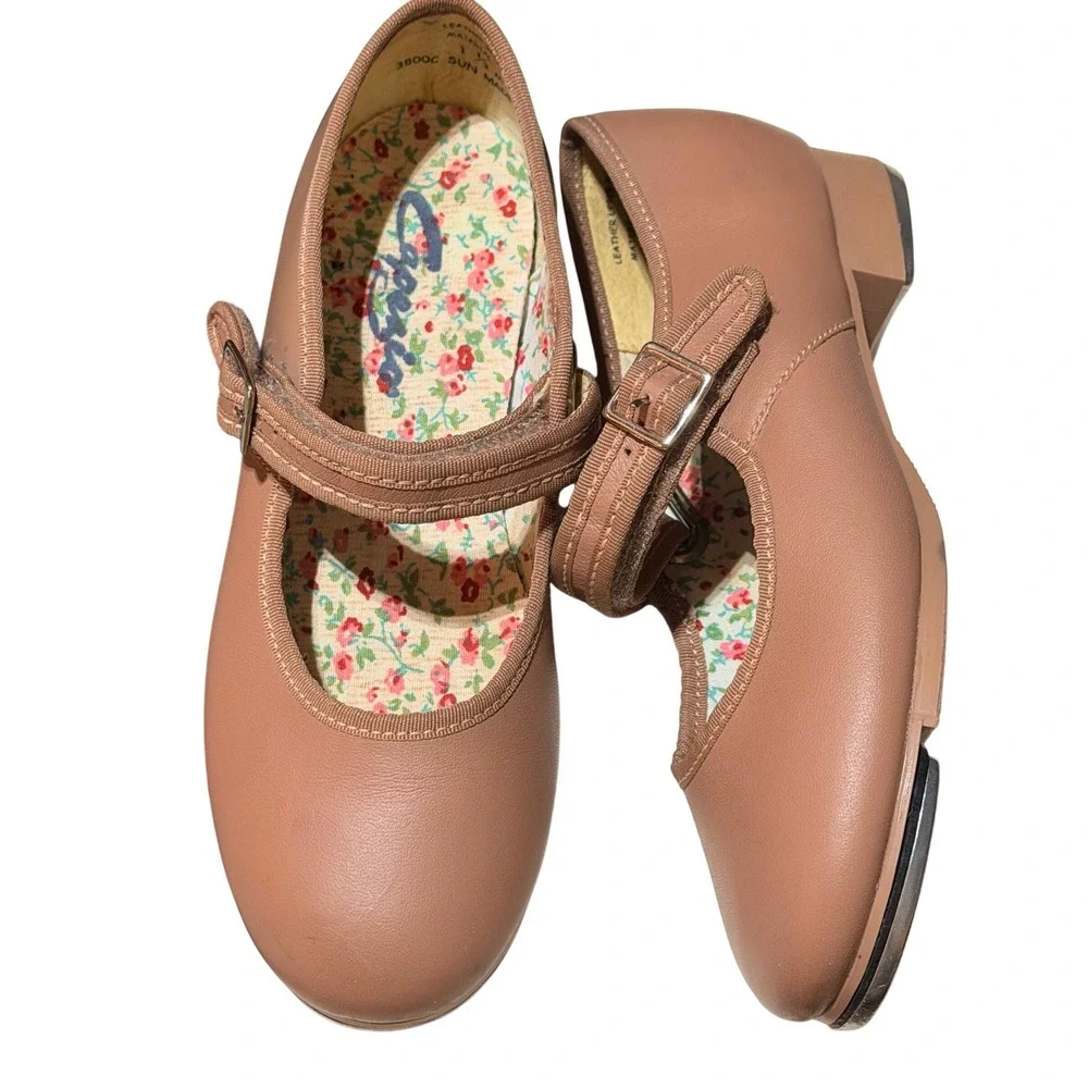 Capezio Tap Shoes Girls 1.5 M Caramel Leather Mary Jane 3800C Tele Tone Floral